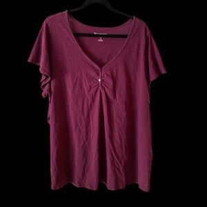 Roamans Flutter Sleeve Sweetheart Neckline T-Shirt Women's 2X Burgundy Red 26/28